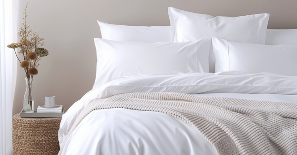luxury pillow shams in layered arrangement on a white bed