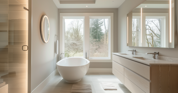 Modern bathroom showcasing neutral paint palette with warm white walls and gray undertones, demonstrating professional interior design principles.