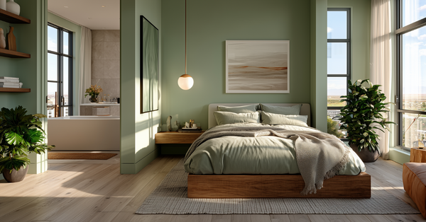 Split view of a muted sage bedroom flowing into a matching spa-style bathroom, both unified by sleek brass fixtures and clean lines.