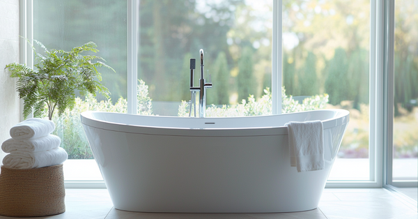 Freestanding bathtub by a window with white luxury bath towels draped over the side, styled for a calm, spa-like bathroom.