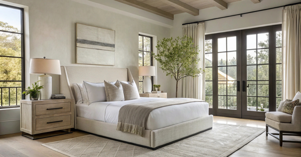 Elegant bedroom with upholstered designer bed, neutral décor, layered pillows, and natural light for a luxury retreat look.