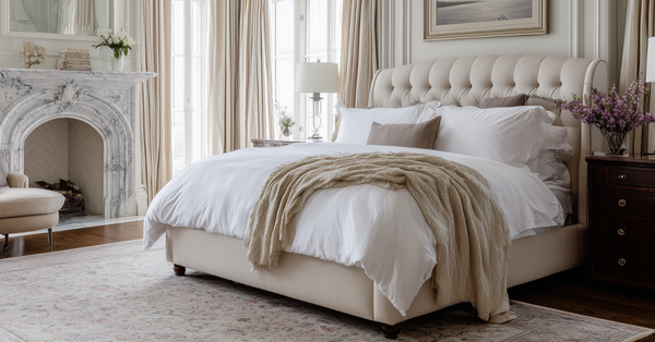 Luxury bedroom with tufted designer bed set, soft neutral linens, and classic décor styled for a refined and elegant retreat.