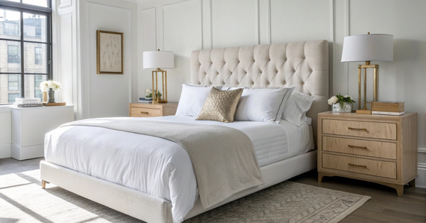 Modern bedroom with crisp white bedding, light upholstered headboard, gold lamps, and oak nightstands in soft daylight.