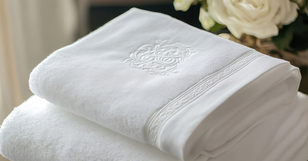 Stack of white monogrammed towels with embroidered crest on a marble vanity beside roses, plush cotton loops, spa at home, styling for Elegant Strand.