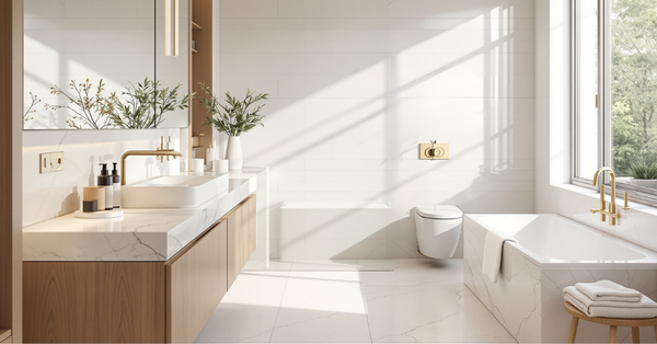 Bright white bathroom with brushed-gold fixtures, marble vanity, light oak shelf, beige towels, and soft daylight for a serene spa look.