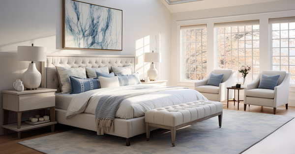 Sunlit bedroom showcases an Elegant Strand luxury bedding set on a low platform bed, minimalist décor, tall window, and tranquil five-star hotel calm.
