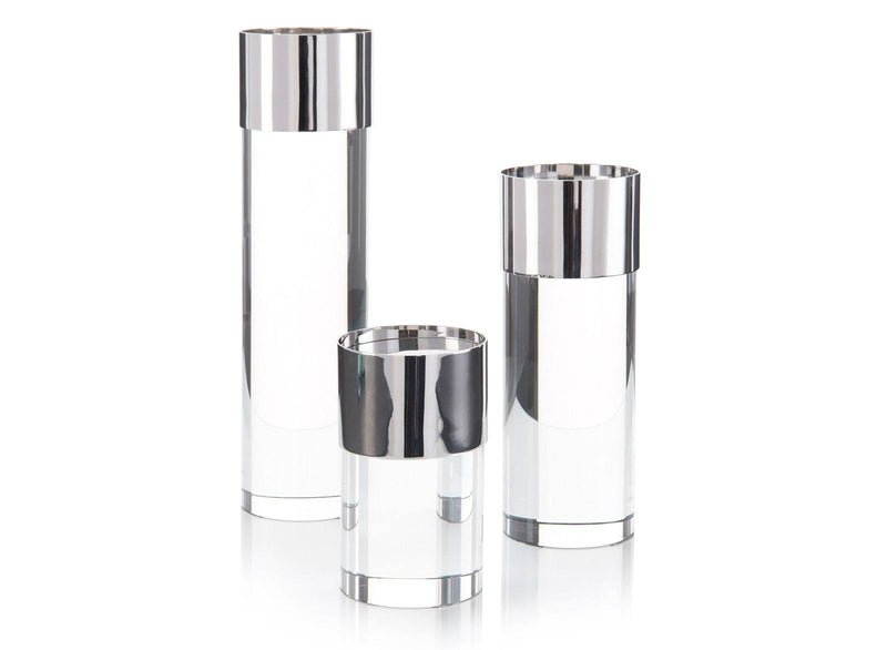 Set of Three Crystal and Nickel Candleholders