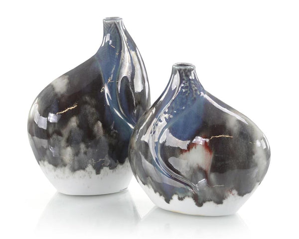 Set of Two Marbled Reactive Glaze Porcelain Vases - Elegant Strand