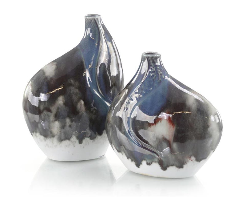 Set of Two Marbled Reactive Glaze Porcelain Vases - Elegant Strand
