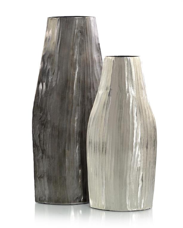 Set of Two Smokey Black and Nickel Etched Metal Vases - Elegant Strand